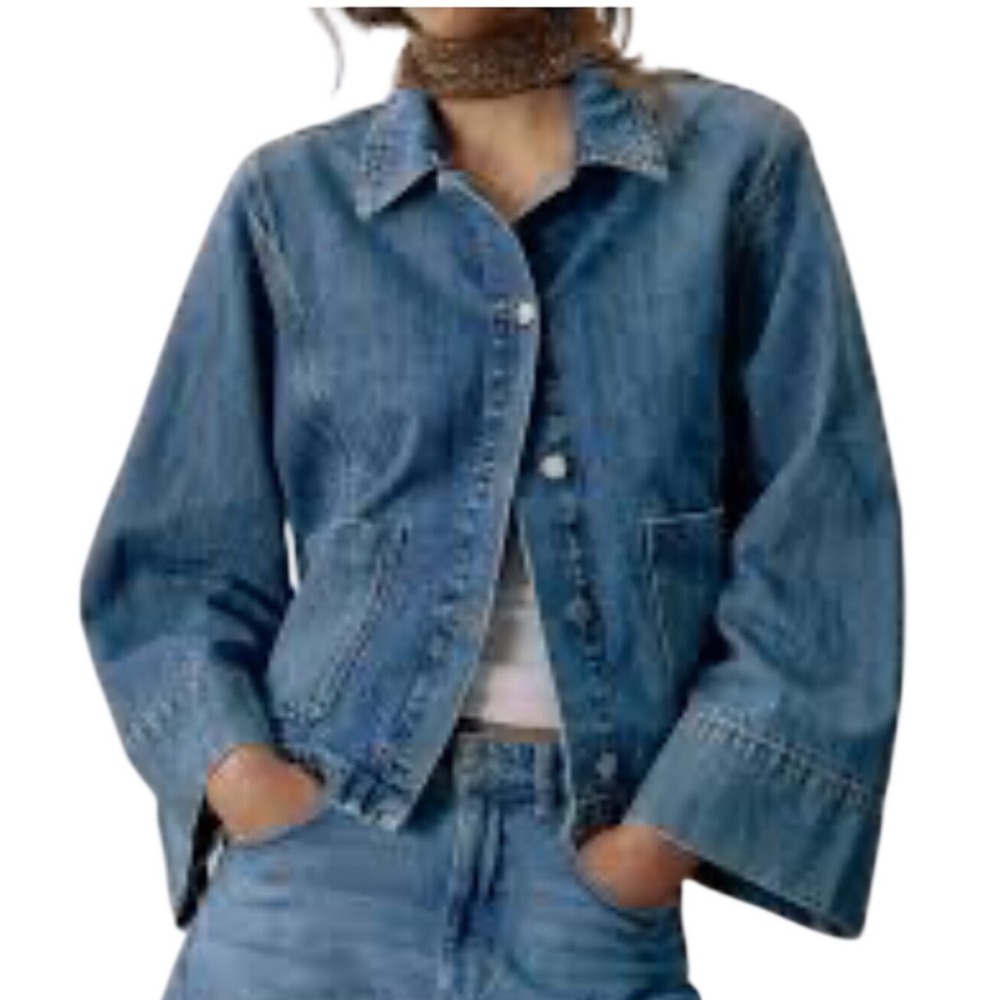 ZARA Z1975 Cropped Denim Jacket Medium Blue Wide Sleeve Patch Pocket Size M